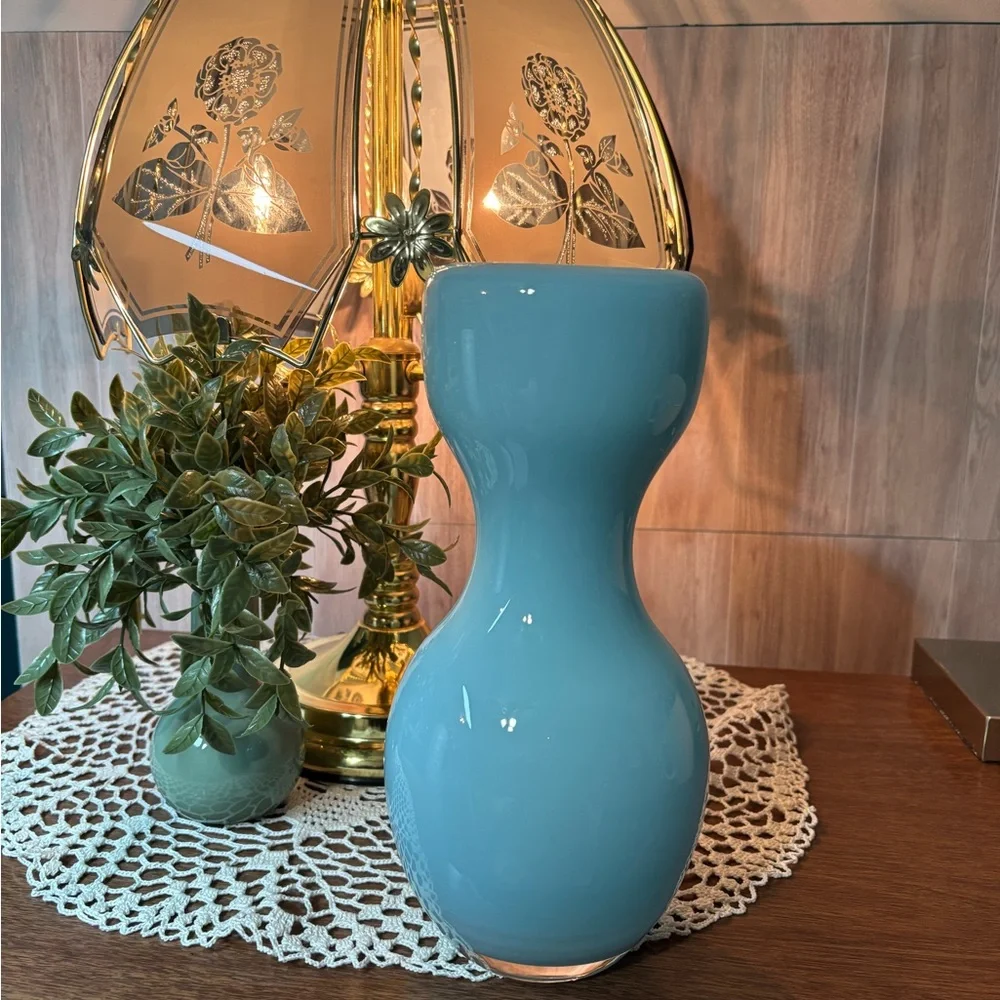 Crate & Barrel Karma Hourglass Shaped Teal Blue Vase Home Accents